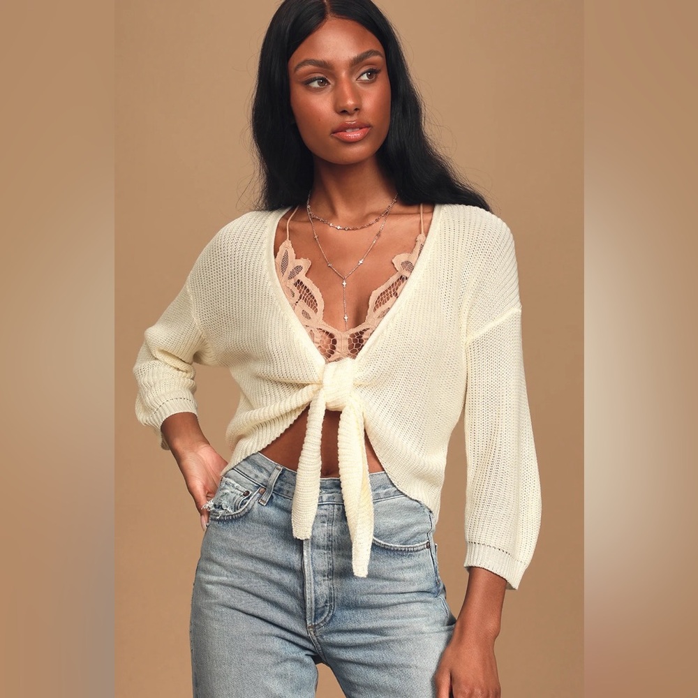 LULUS Say Something Sweet Ivory Knit Cropped‎ Tie Up Cardigan Size S
